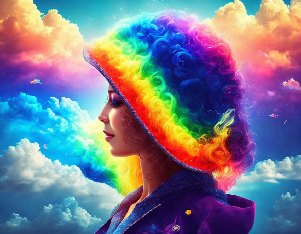 Digital artwork: Woman profile with rainbow hair in vibrant sky.