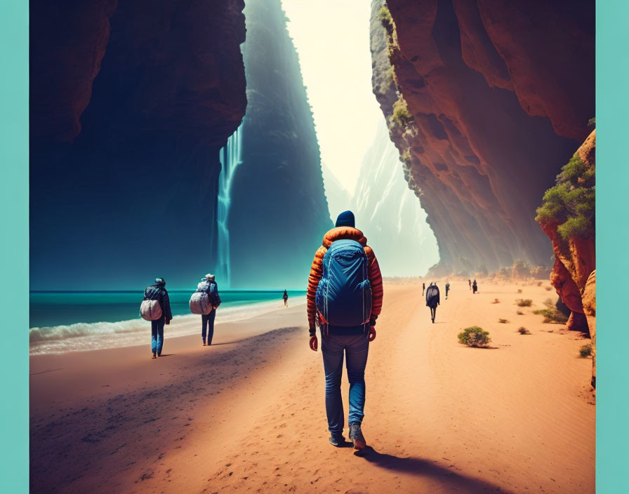 Hikers on sandy beach with cliffs and waterfalls