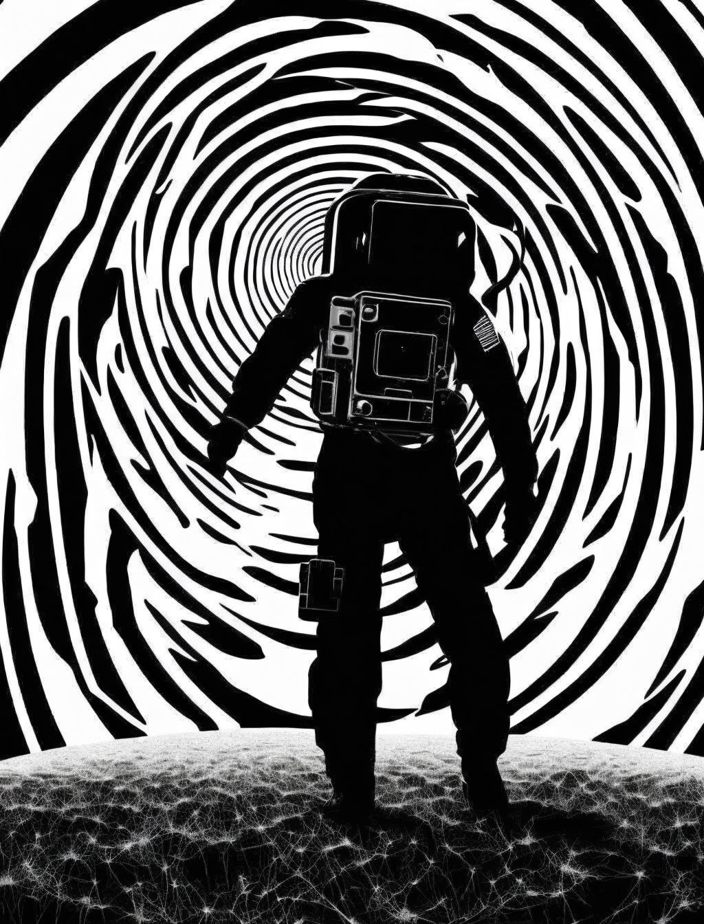 Spacesuit-wearing figure in front of swirling tunnel pattern