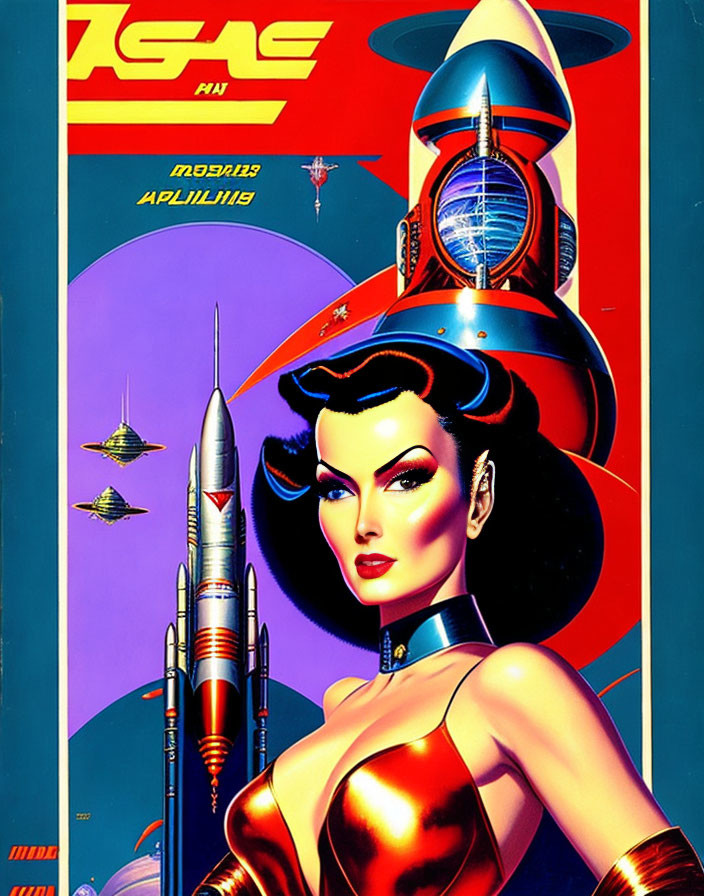 Stylized woman in futuristic attire on vintage space poster