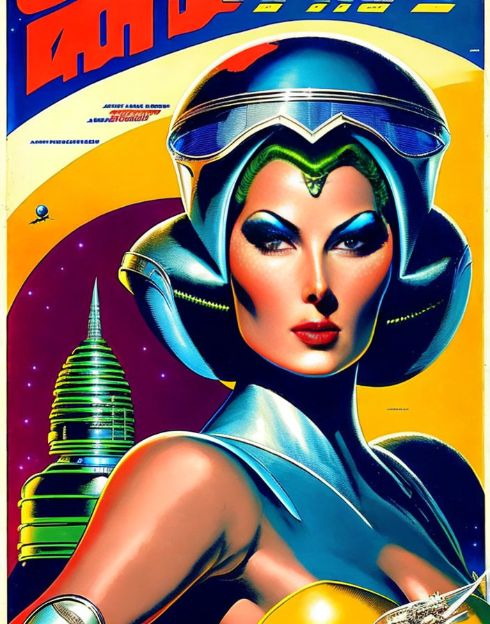 Retro-futuristic illustration of woman in blue space suit against space backdrop