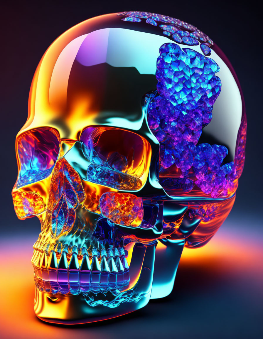 Colorful Skull Artwork with Chromatic Finish and Crystal-like Structures on Gradient Background