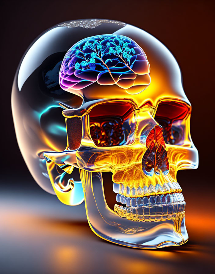 Vibrant human skull with brain and sunglasses on dark orange background