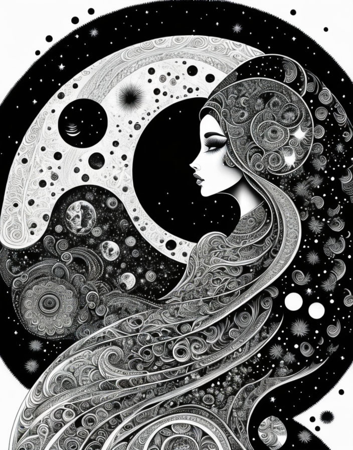 Detailed Black and White Celestial Woman Illustration