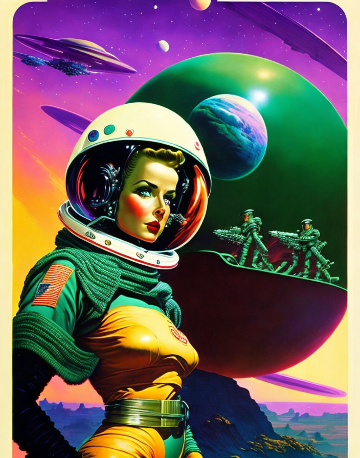 Retro-futuristic space illustration: woman astronaut, robots, alien planets