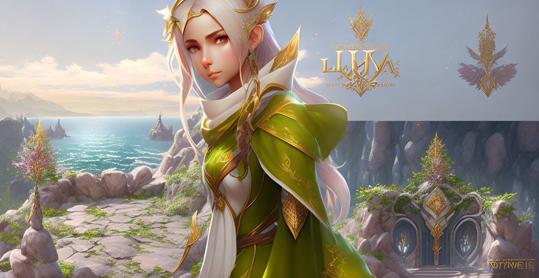 Fantasy Artwork: White-haired Elf Woman in Green Cloak by Rocky Sea