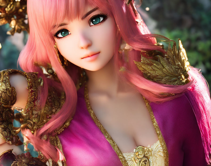 3D-rendered female character with pink hair and turquoise eyes in golden laurel and purple outfit