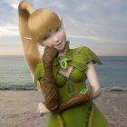 Fantasy Artwork: White-haired Elf Woman in Green Cloak by Rocky Sea