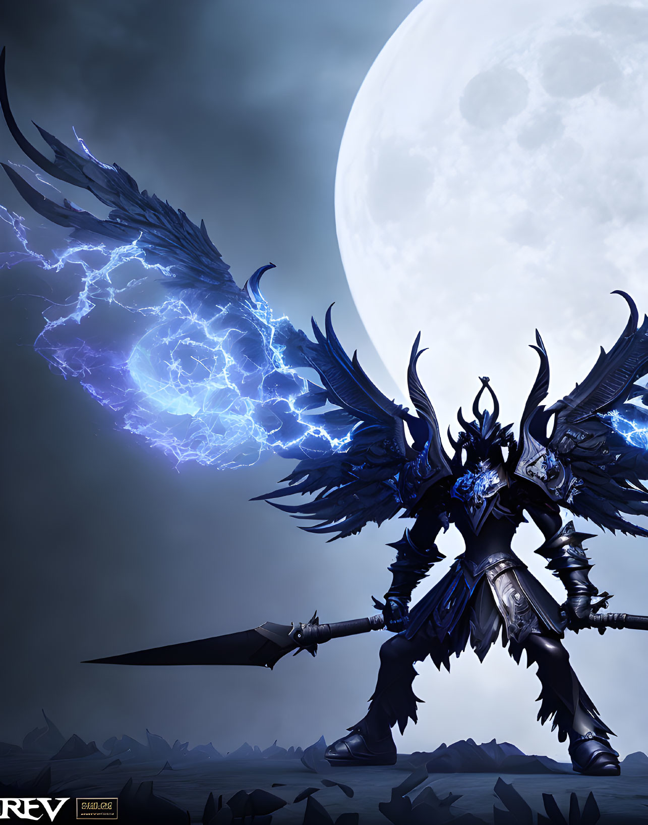 Armored figure with glowing blue eyes and wings under full moon.