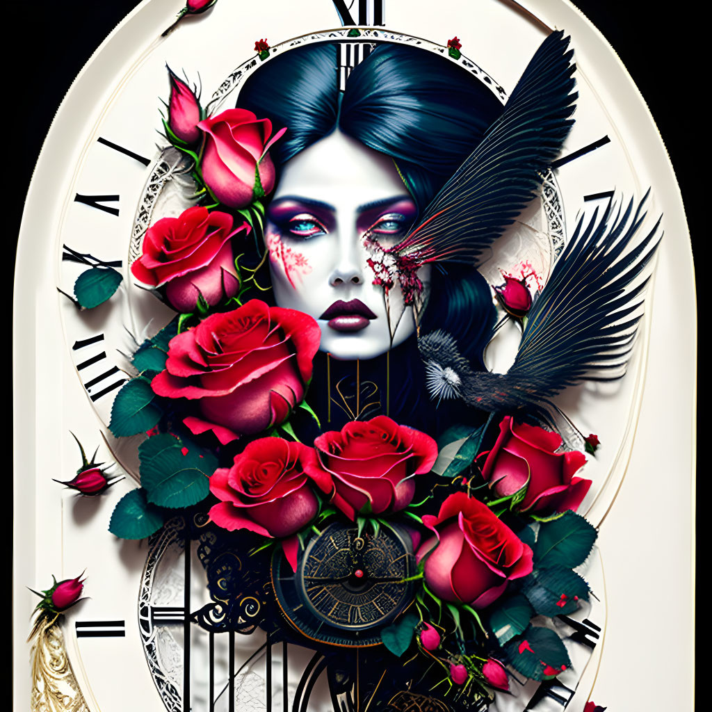 Symmetrical surreal image: woman's face, vibrant makeup, red roses, blackbird, ornate