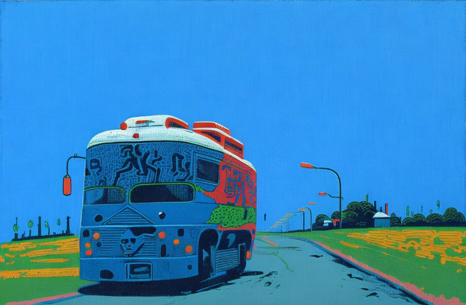 Colorful bus illustration on road with yellow fields and blue sky