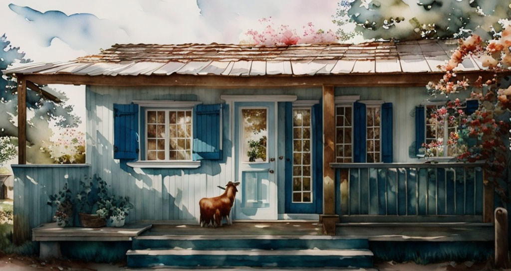 Blue Wooden Cottage with Tin Roof, Greenery, Flowers, and Goat