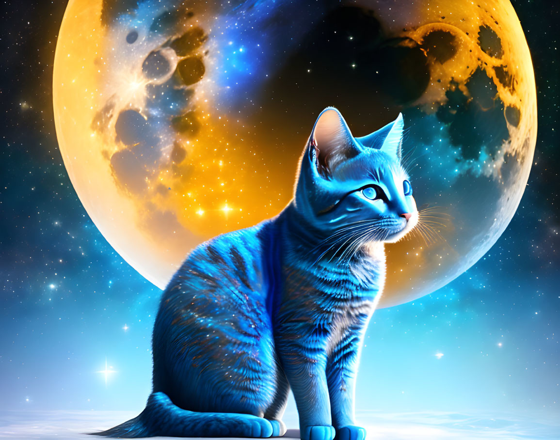 Blue cat pensive against cosmic backdrop with oversized moon and stars