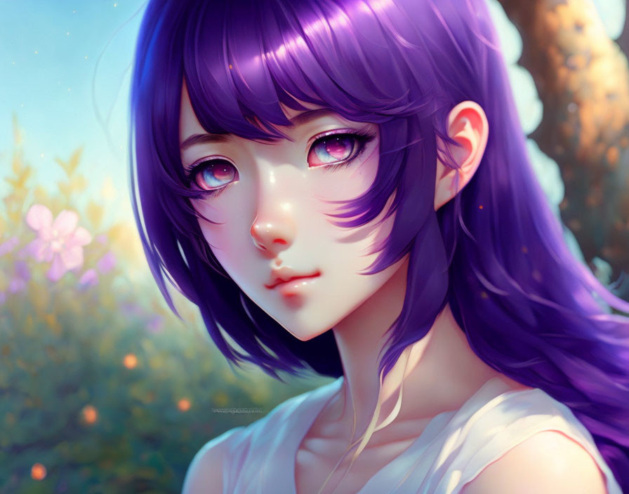 Vibrant Purple Hair and Pink Eyes Girl Illustration in Natural Setting