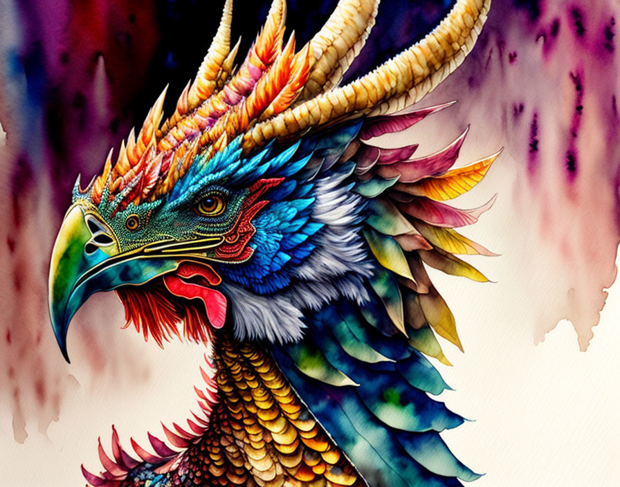 Colorful Mythical Bird Artwork with Eagle-like Beak and Elaborate Feathers