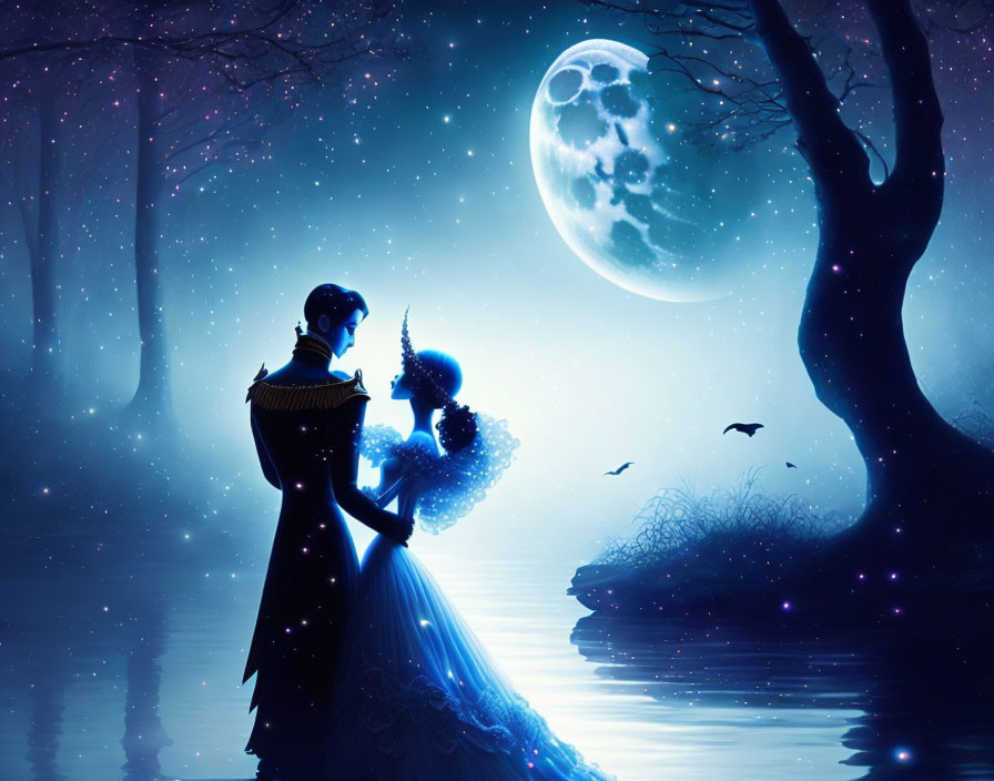 Woman in flowing gown by lake with unicorn in moonlit landscape