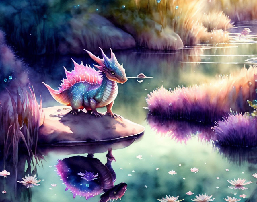 Colorful watercolor of whimsical dragon in mystical pond