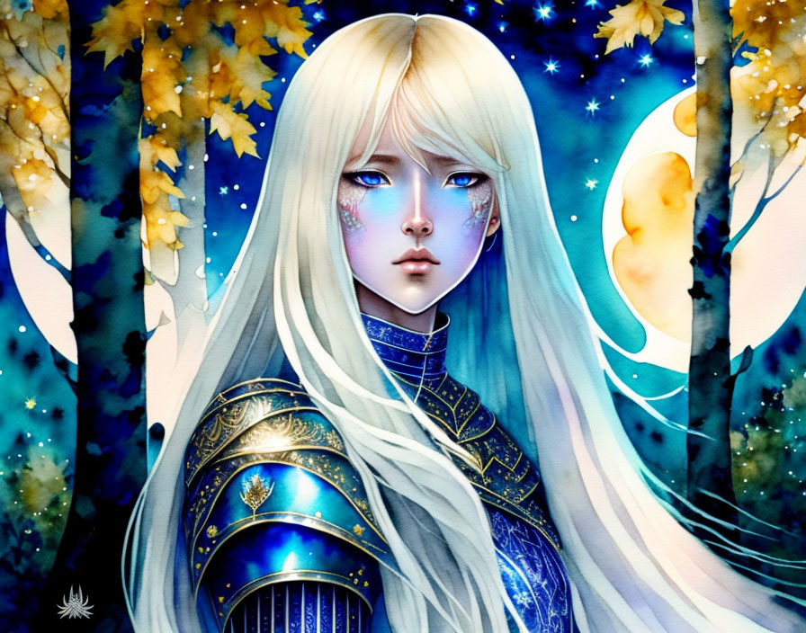 Fantasy character with white hair, blue eyes, and armor in moonlit night scene