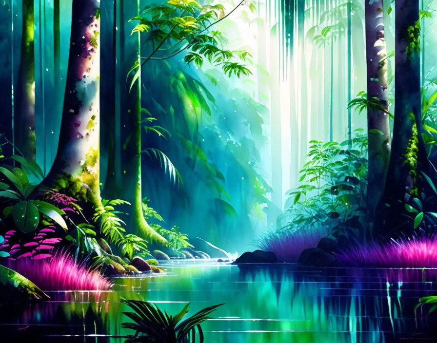 Mystical forest digital artwork with luminescent flora