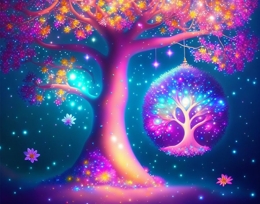 Colorful Glowing Tree Illustration with Luminous Orb on Starry Blue Background