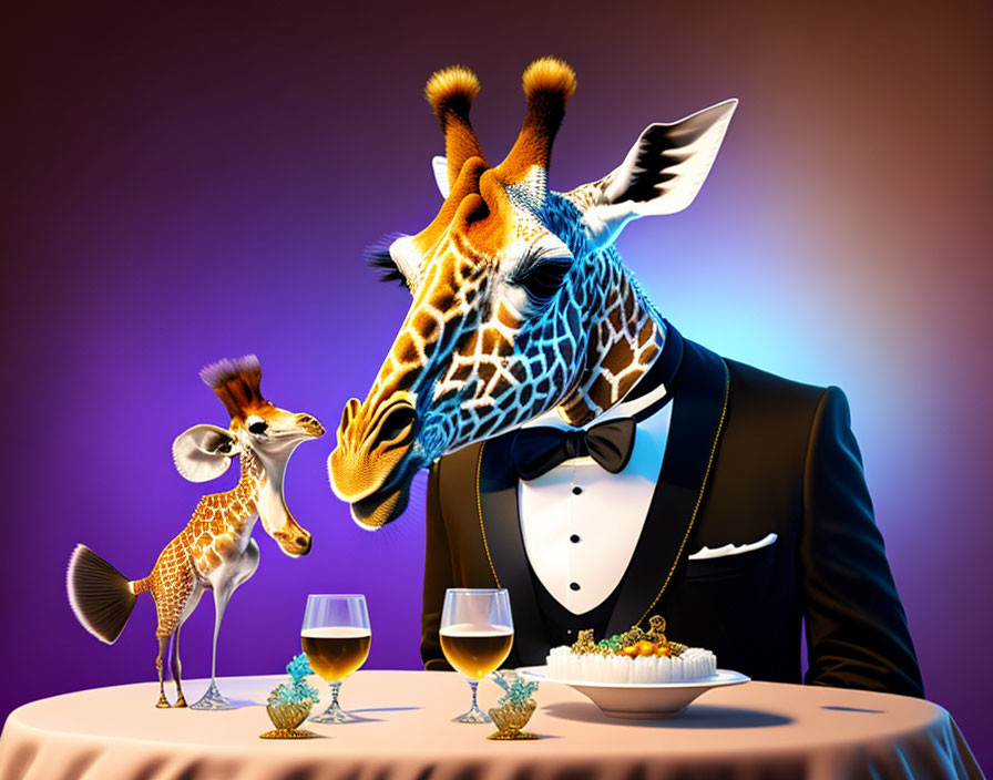 Anthropomorphic giraffes in formal attire at dinner table with wine glasses on purple background