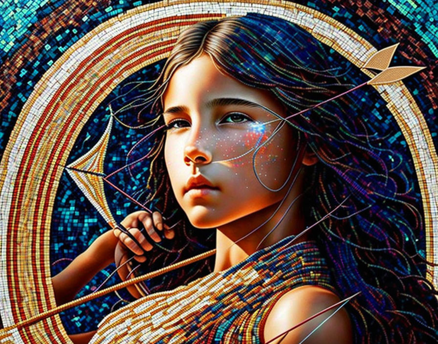 Colorful Archer Portrait with Mosaic Background & Celestial Motifs