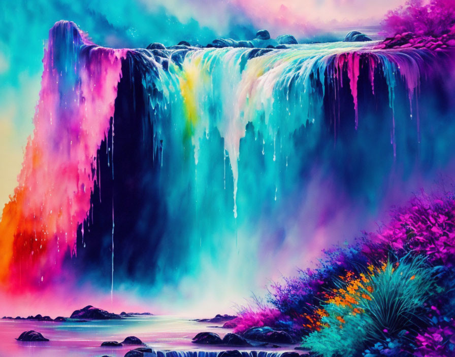 Colorful digital artwork: Neon waterfall surrounded by vibrant foliage