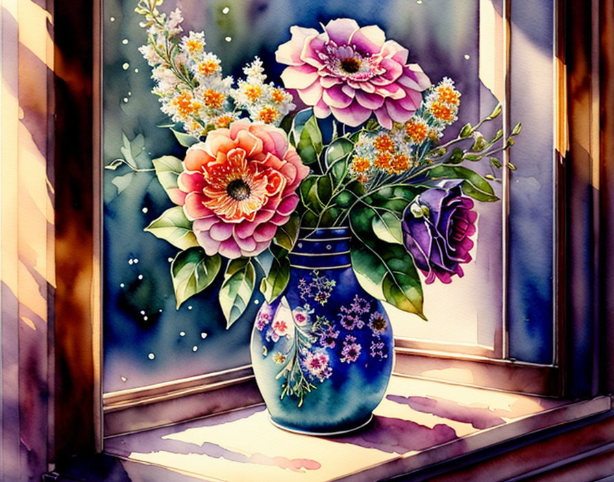 Colorful Flowers Bouquet in Blue Vase on Window Ledge