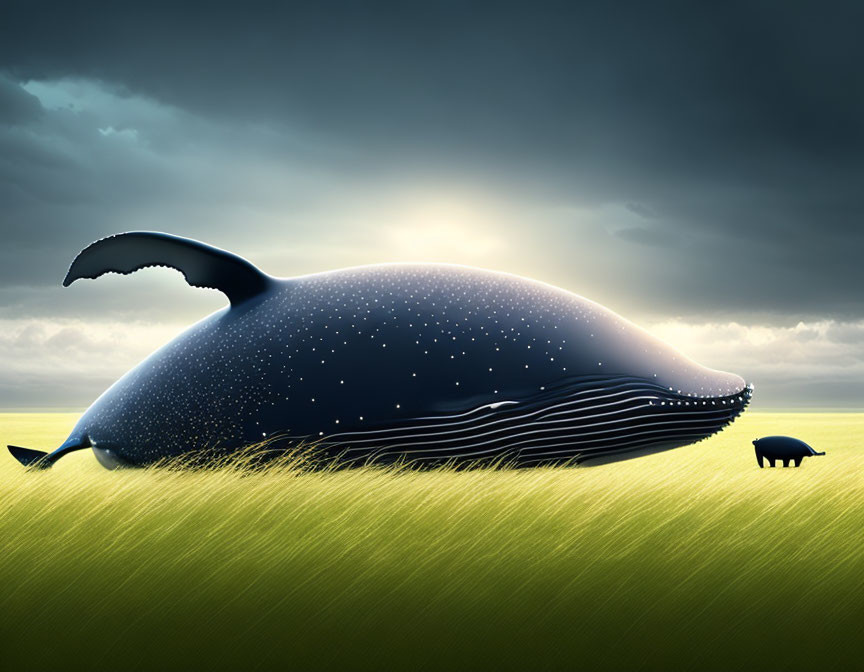 Giant whale with starry skin and smaller whale on grassy field under dramatic sky