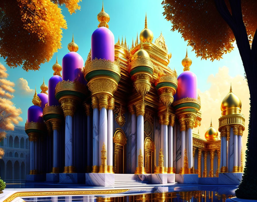 Fantastical palace with golden domes and purple rooftops surrounded by autumn trees