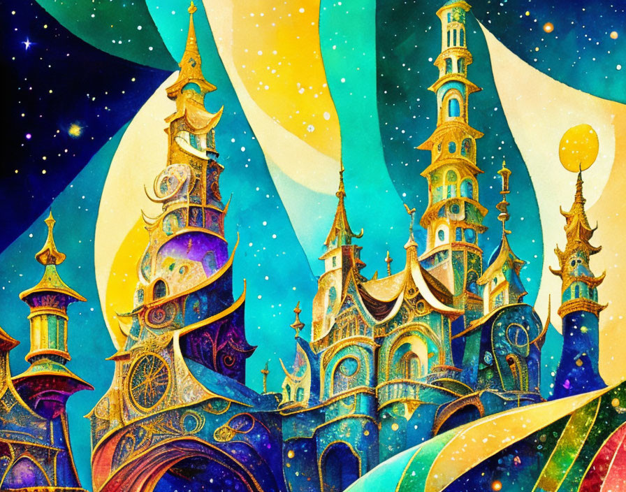 Whimsical illustration of a colorful magical castle