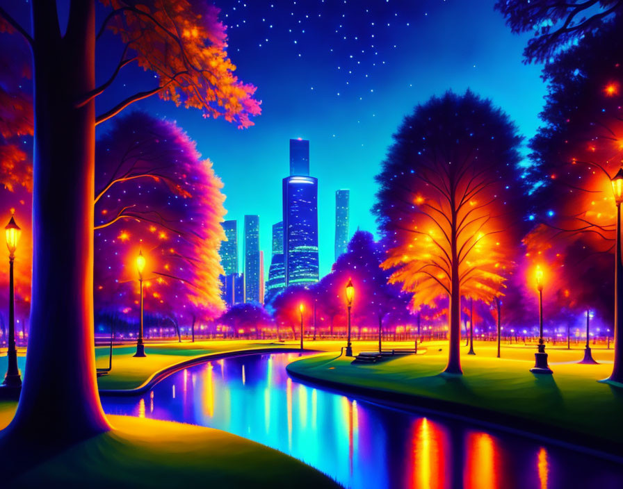 Nighttime park scene with illuminated autumn trees, river, city skyline, and starry sky