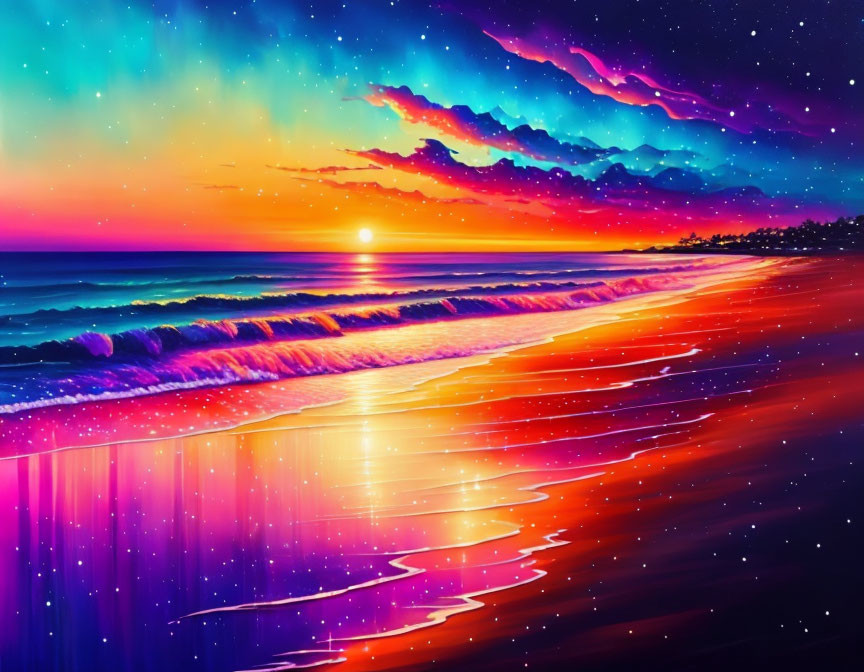 Digital Artwork: Beach Sunset with Neon Sky and Starry Reflections