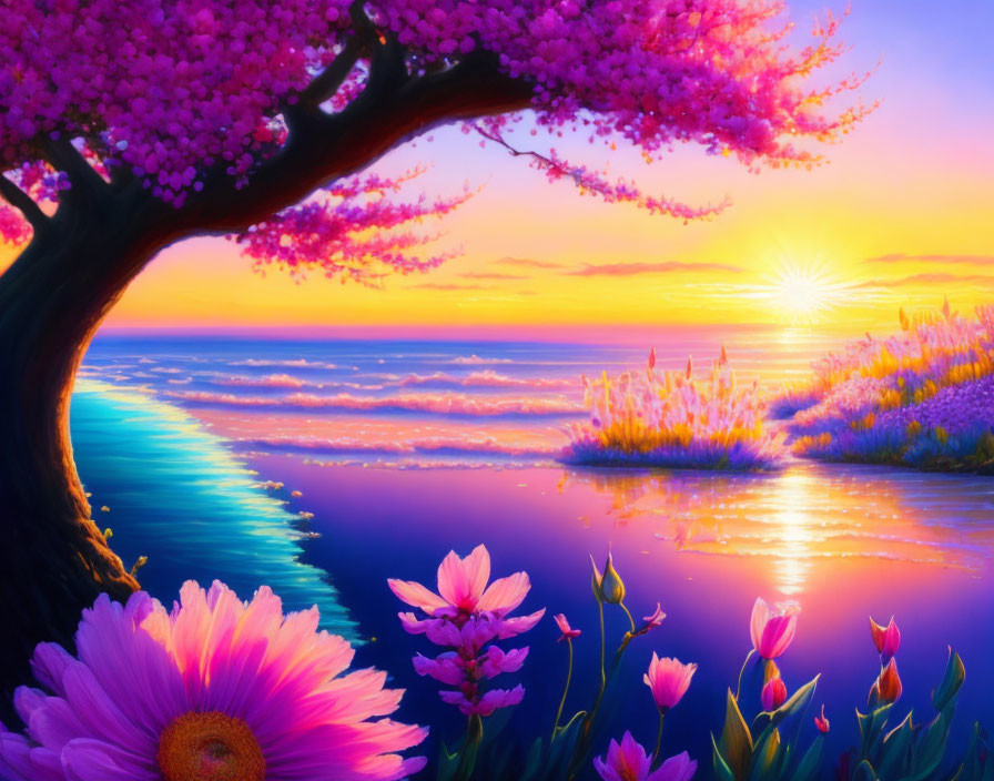 Scenic sunset with cherry blossom tree, flowers, and calm sea