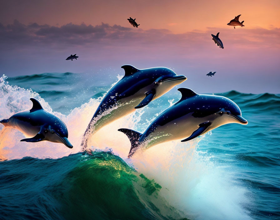 Dolphins leaping from wave with sunset sky and flying birds