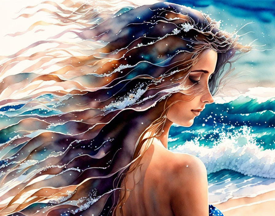 Vivid seascape merging with woman's flowing hair in colorful illustration