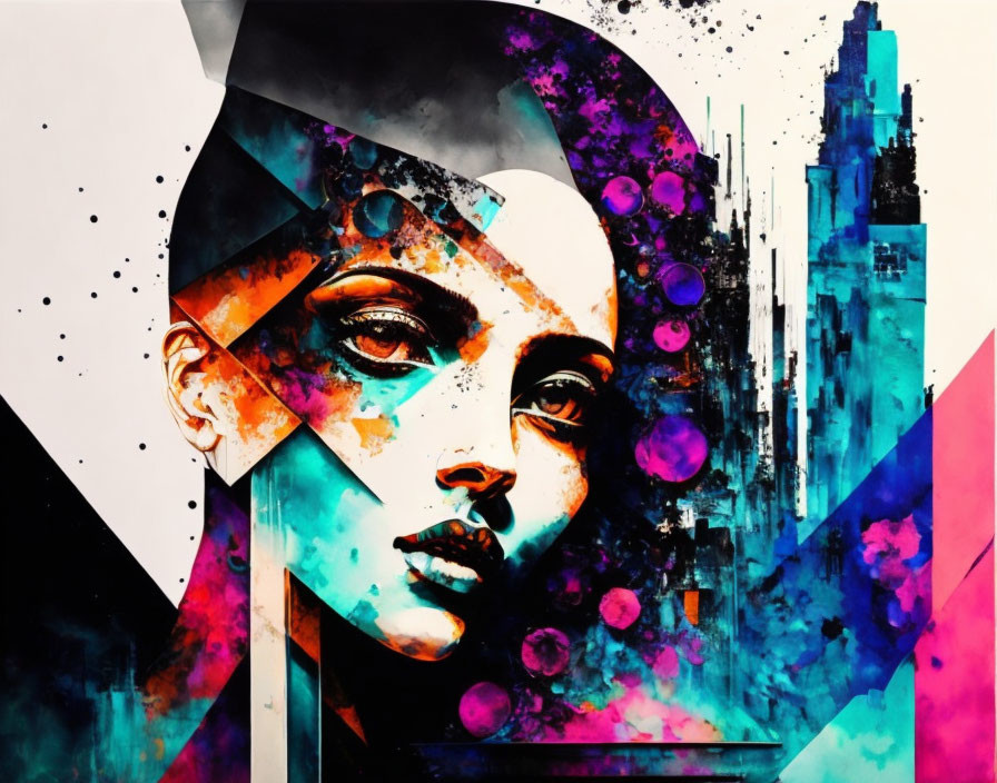 Vibrant abstract art: geometric shapes, splatters, and detailed portrait of a woman.