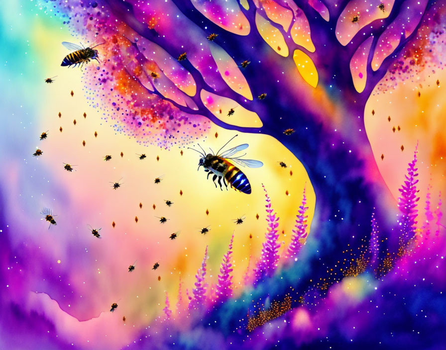 Colorful whimsical illustration of bees around a fantasy tree