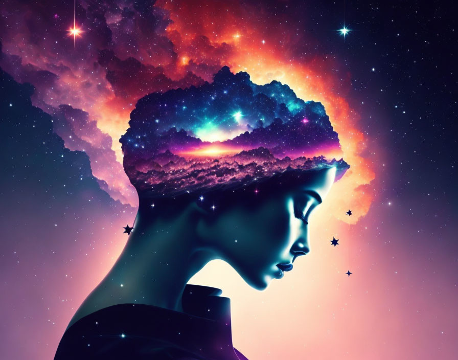 Profile silhouette with cosmic galaxy hair against vibrant nebula