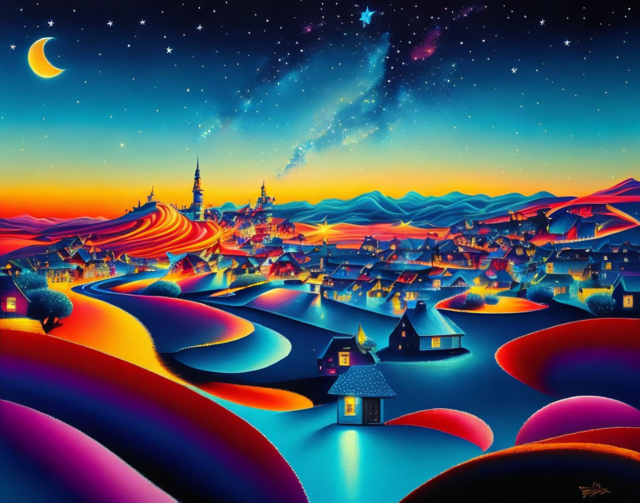 Surreal landscape with rolling hills, starry sky, glowing buildings, crescent moon