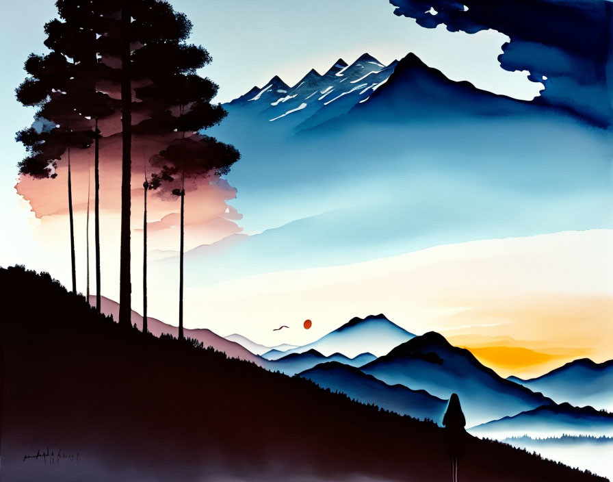 Tranquil sunset landscape with pine trees, mountains, and bird