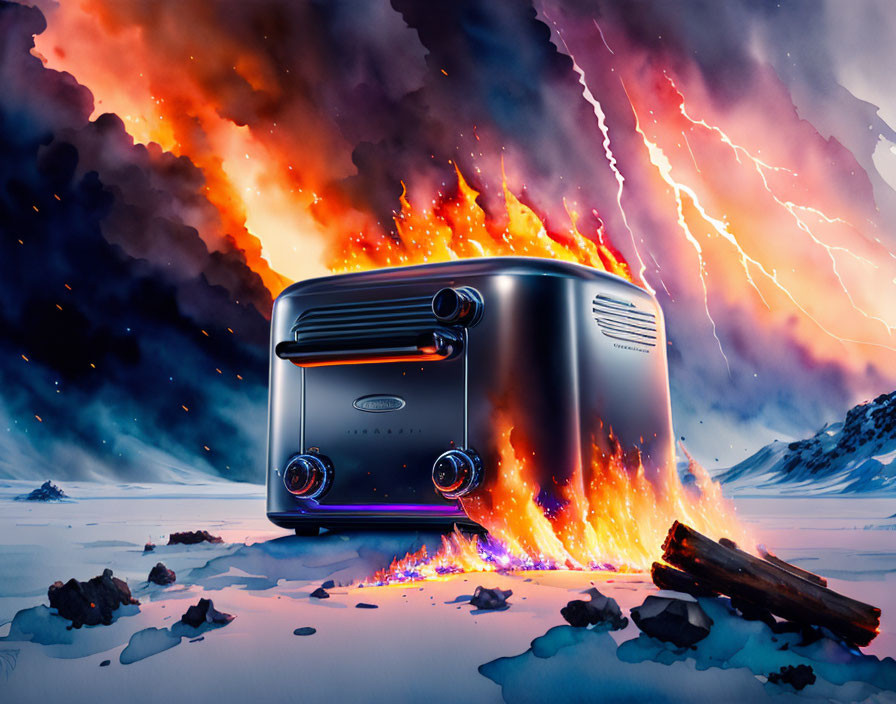 Vintage toaster ejects fiery toasts on icy ground under surreal fiery skies and lightning.