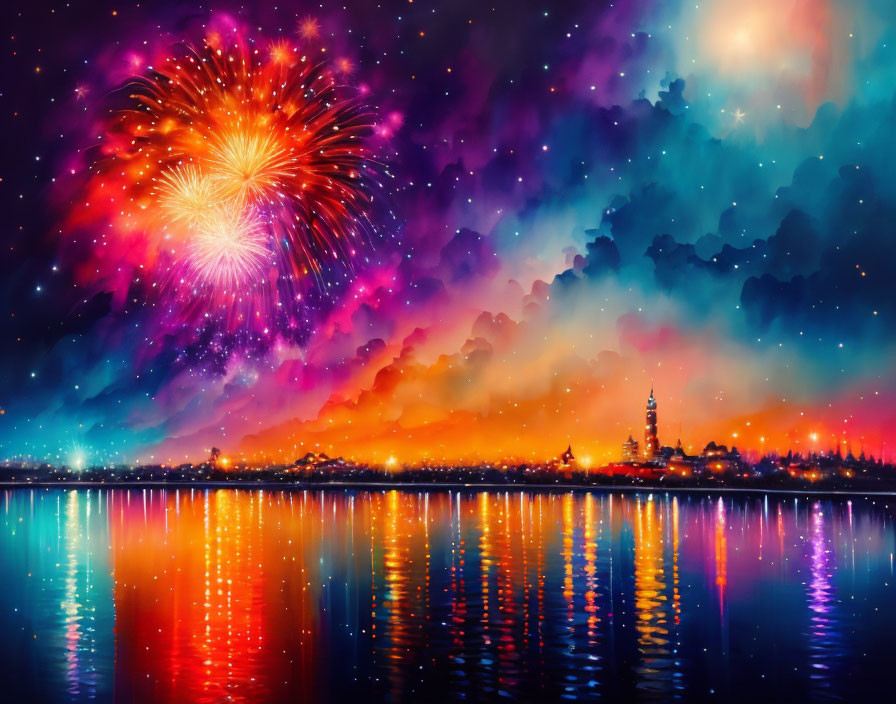 Colorful fireworks light up city skyline against calm water