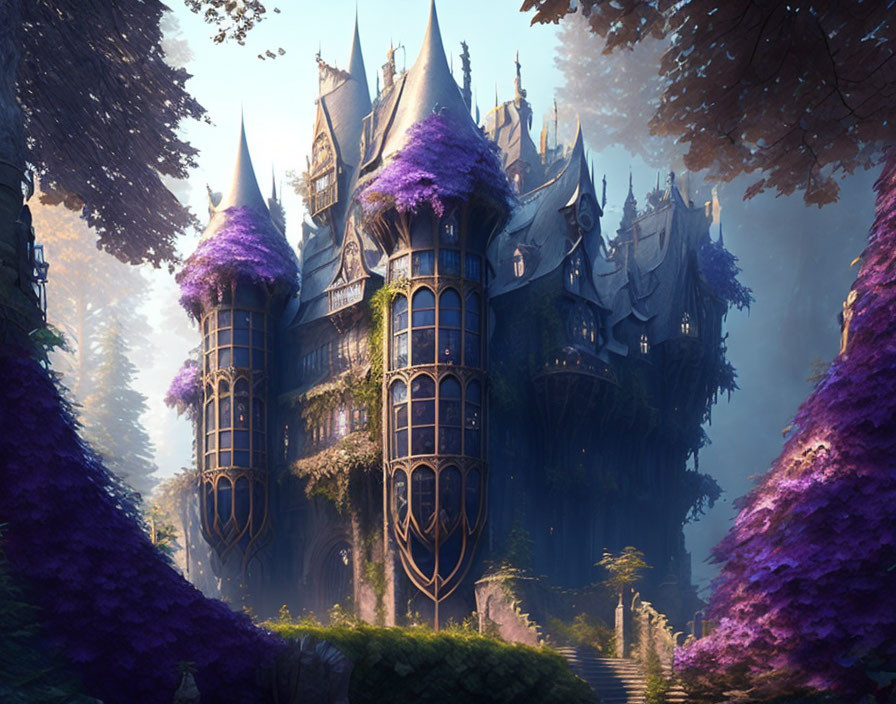 Gothic-Style Fantasy Castle Surrounded by Purple Flora and Towering Spires