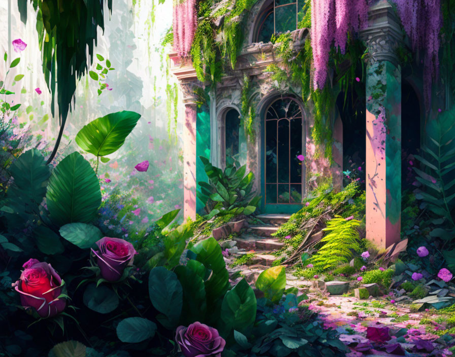 Overgrown garden with pink flowers and arched windows in weathered building