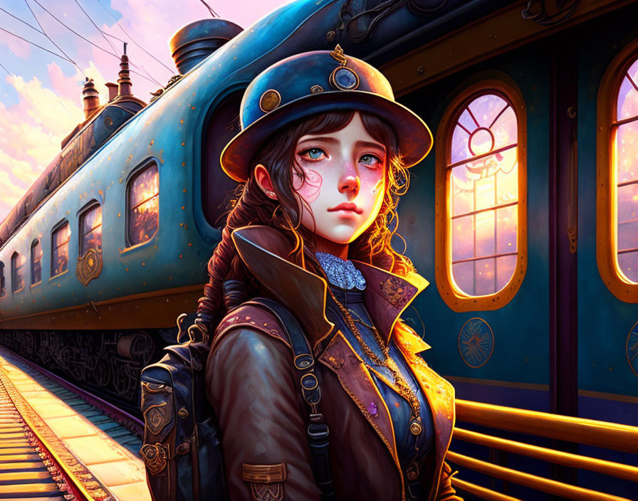 Young woman in steampunk attire beside vintage train at sunset