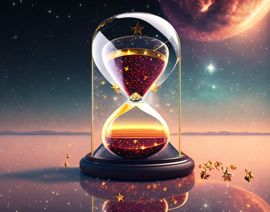 Cosmic-themed hourglass with stars, nebula, planet, and twinkling stars