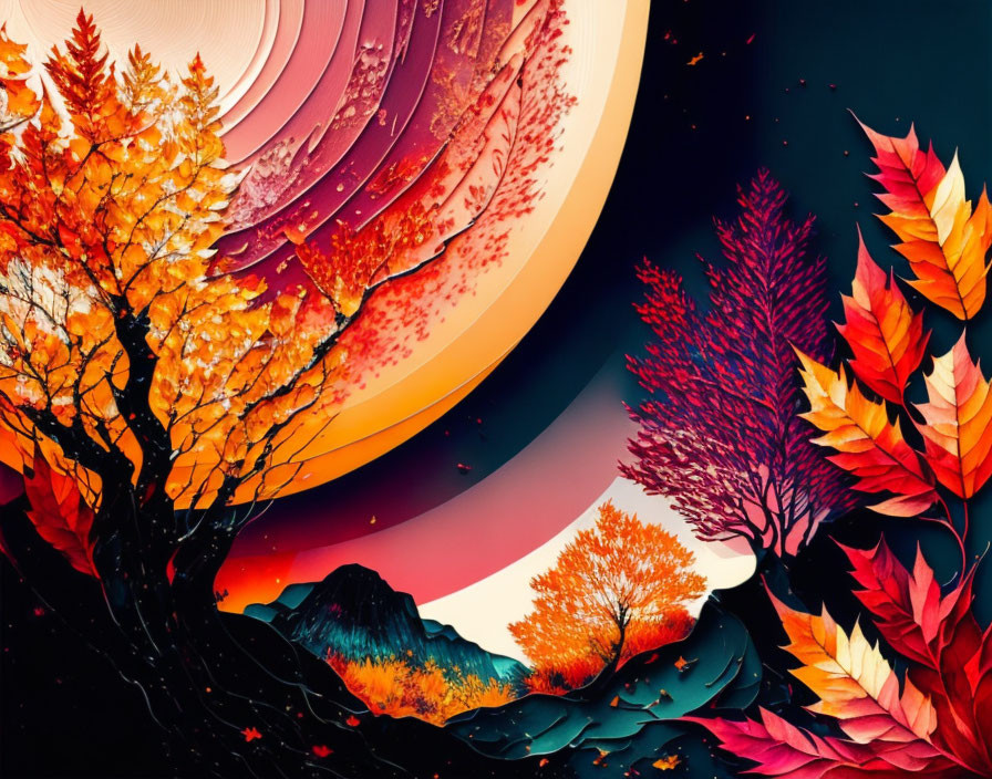 Mythical landscape with autumn trees, swirling planet, mountains, starry sky