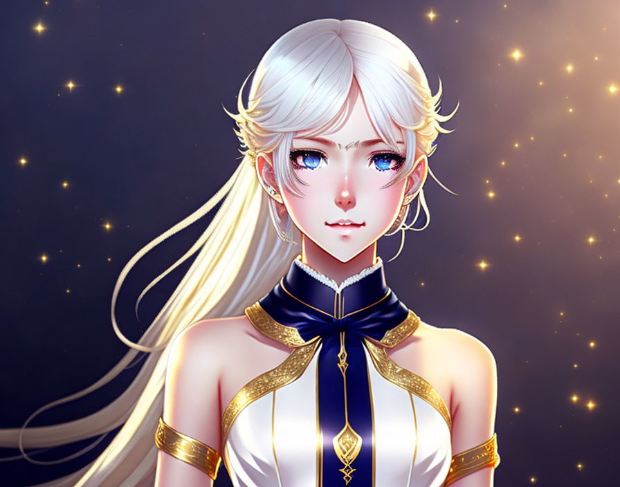 Illustration of person with white hair and blue eyes in white and gold outfit on starry night.