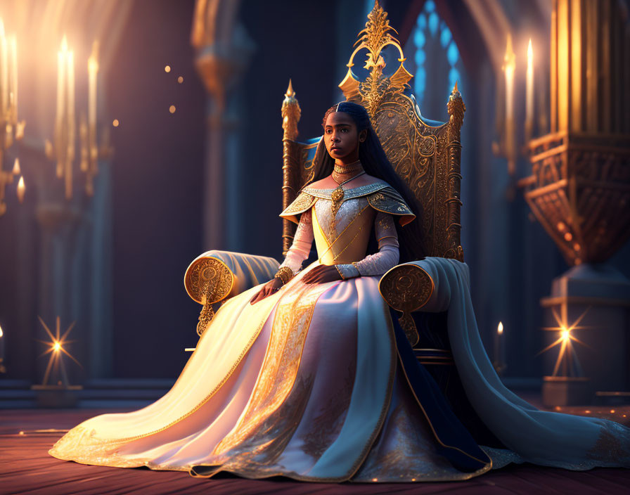 Regal woman in ornate armor on grand throne with candles